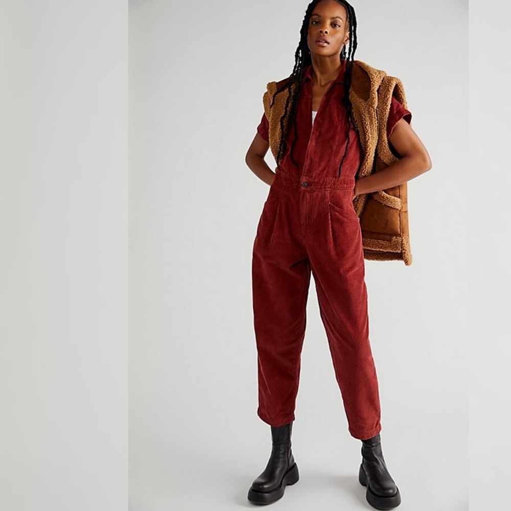 Free People‎ Marla Cord Jumpsuit Brown Women's Size XL